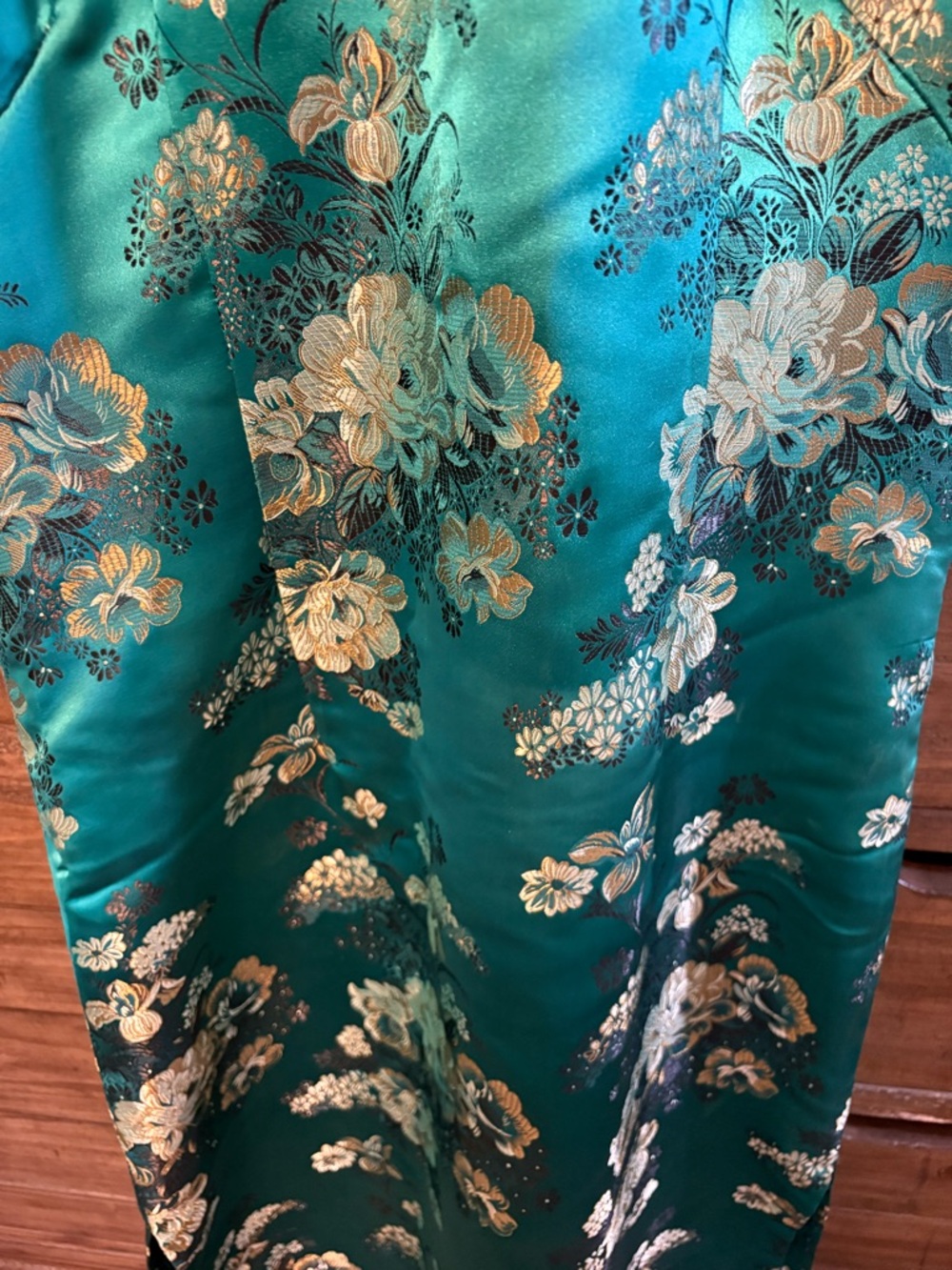 Handmade Teal Brocade Cheongsam Dress | Size 6 | 52” L | Mandarin Collar Formal - Picture 8 of 9